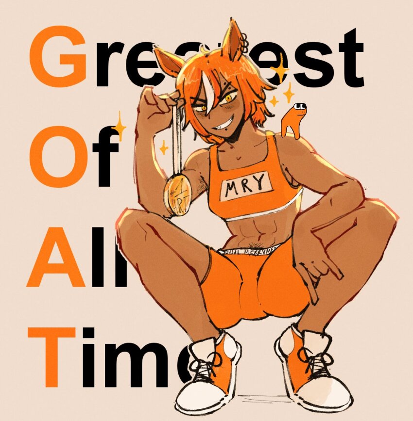 1girl abs animal_ears body_hair boxer crop_top dark-skinned_female dark_skin english_text full_body horse_ears horse_girl horse_race_tests jovial_merryment looking_at_viewer medal multicolored_shoes muscular muscular_female orange_hair orange_shoes red_background shirt shoes simple_background sleeveless sleeveless_shirt smile solo sparkle squatting sweat teeth two-tone_shoes uwukero white_shoes yellow_eyes