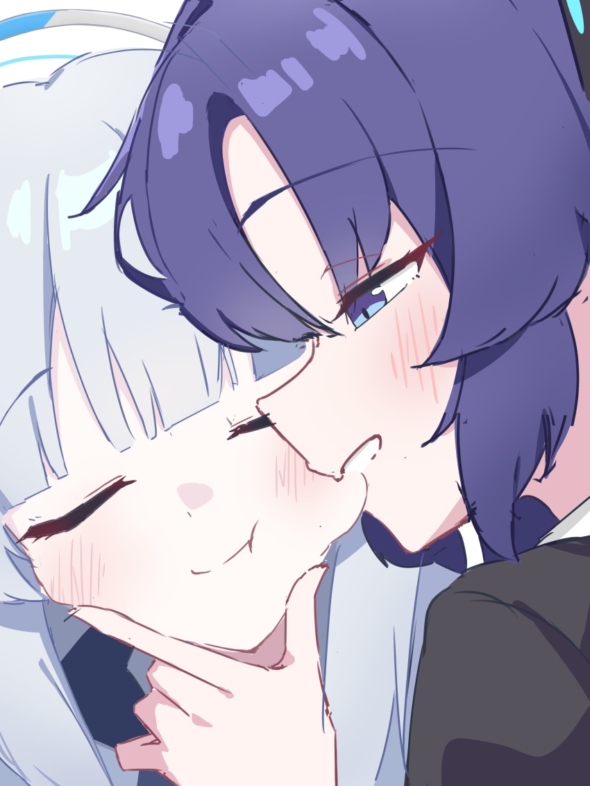 2girls absurdres black_jacket blue_archive blue_necktie closed_eyes grey_hair halo highres ikka0725 jacket mechanical_halo multiple_girls necktie noa_(blue_archive) profile purple_eyes purple_hair shirt simple_background smile white_background white_jacket white_shirt yuuka_(blue_archive)