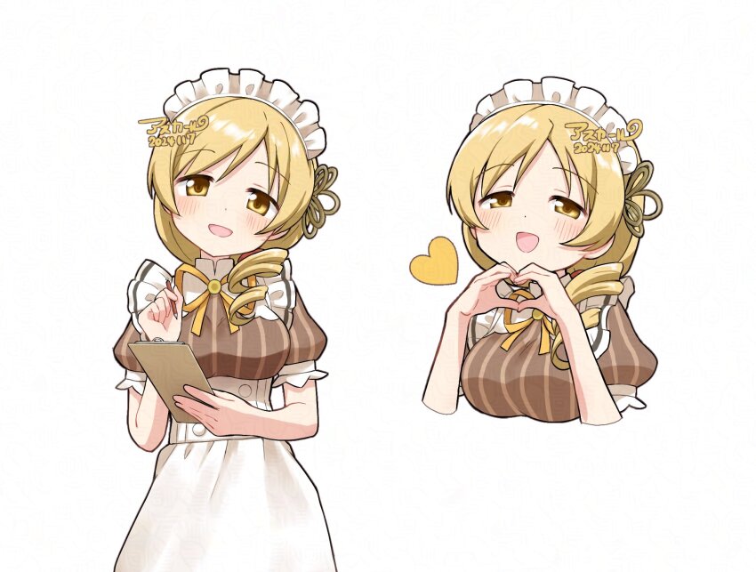 1girl :d alternate_costume apron asukaru_(magika_ru) blonde_hair blush breasts brown_dress clipboard commentary_request cropped_torso dated dress drill_hair enmaided hair_ribbon heart heart_hands highres holding holding_clipboard long_hair looking_at_viewer mahou_shoujo_madoka_magica maid maid_headdress medium_breasts multiple_views neck_ribbon open_mouth recompense_maid_uniform ribbon short_sleeves signature simple_background smile standing striped_clothes striped_dress tomoe_mami white_apron white_background yellow_eyes yellow_ribbon