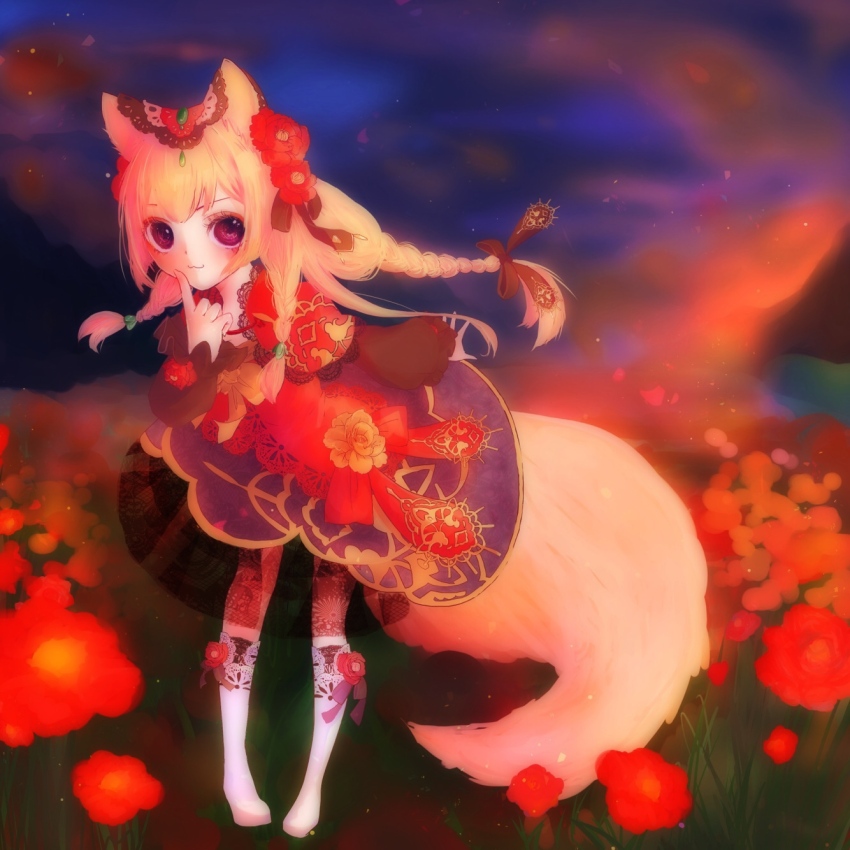 1girl animal_ears black_bow black_shirt blue_sky blunt_bangs boots bow braid brown_pantyhose capelet closed_mouth cloud commentary_request eyelashes finger_to_mouth floating_hair floral_print flower fox_ears fox_girl fox_tail full_body hair_bow hair_flower hair_ornament highres knee_boots lace-trimmed_capelet lace_trim leaning_forward light_blush light_particles long_hair long_sleeves low-tied_long_hair miniskirt miracle_nikki multiple_braids nekoneko_gon nikki_(series) outdoors pantyhose partial_commentary poppy_(flower) poppy_fox_(miracle_nikki) puffy_long_sleeves puffy_sleeves purple_eyes purple_skirt red_bow red_capelet red_flower red_vest shirt skirt sky sleeve_bow sleeves_past_wrists smile solo standing sunlight tail tareme twilight twin_braids very_long_hair vest white_boots