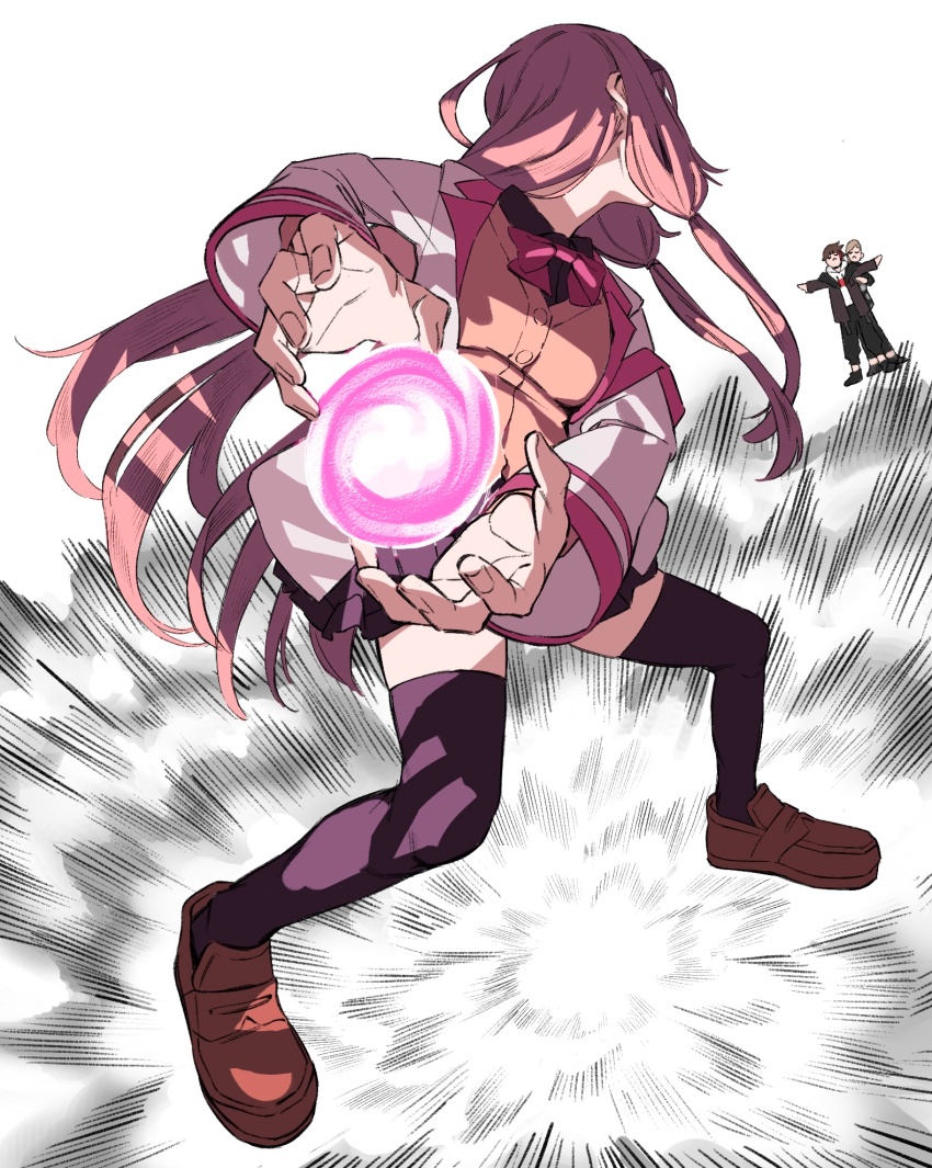 1girl 2boys black_shirt bow bowtie breasts brown_shoes dutch_angle energy_ball facing_away foreshortening from_behind full_body hiding hiding_behind_another highres jacket kamehameha_(dragon_ball) kanae_(nijisanji) loafers long_hair long_sleeves low-tied_sidelocks medium_breasts multiple_boys nijisanji open_clothes open_jacket orange_sweater outstretched_arms pink_hair pleated_skirt powering_up protecting purple_skirt purple_thighhighs red_bow red_bowtie saegusa_akina shirt shoes sidelocks simple_background skirt spread_arms standing suisei_lens suo_sango suo_sango_(1st_costume) sweater thighhighs virtual_youtuber white_background white_jacket zettai_ryouiki
