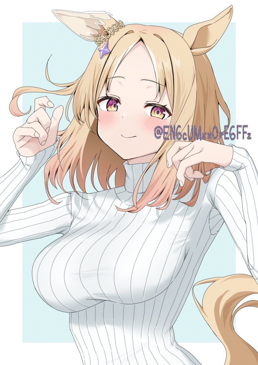 1girl absurdres alternate_costume animal_ears blonde_hair blue_background blush bob_cut border breasts casual closed_mouth commentary ear_covers ear_ornament fingernails gradient_eyes hands_up highres horse_ears horse_girl horse_tail large_breasts long_sleeves looking_at_viewer medium_hair multicolored_eyes narita_top_road_(umamusume) outside_border parted_bangs purple_eyes ribbed_sweater single_ear_cover sleeves_past_wrists smile solo sweater tail turtleneck turtleneck_sweater twitter_username umamusume upper_body white_border white_sweater yamano_rokamizu yellow_eyes yellow_tail