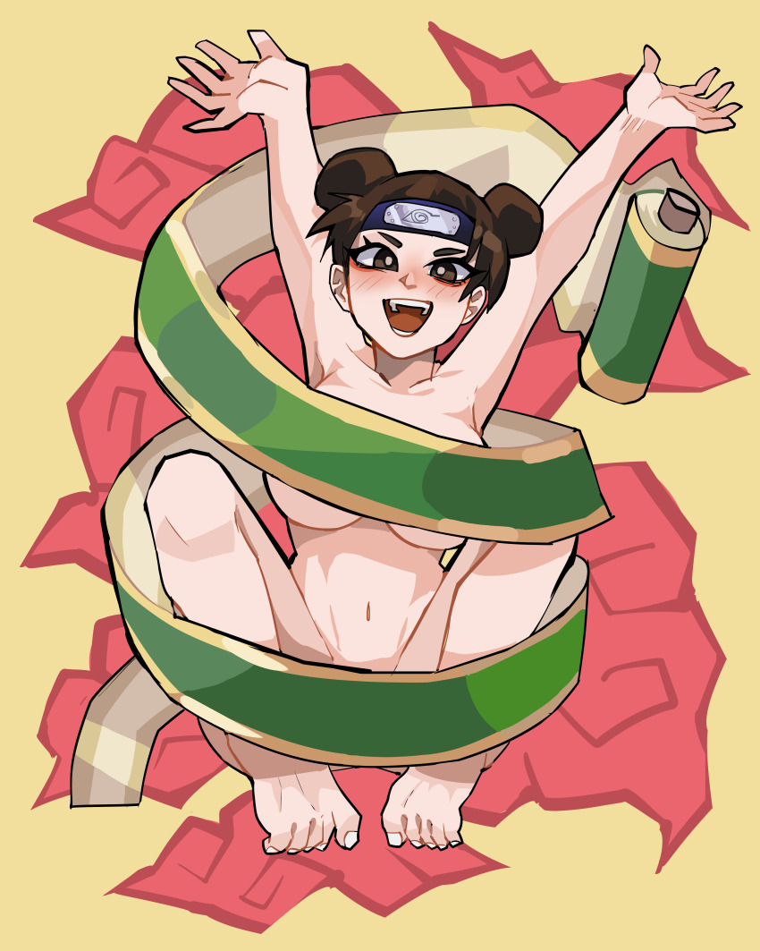 1girl absurdres arms_up barefoot blush breasts brown_eyes brown_hair censored_nipples convenient_censoring diforland double_bun feet full_body hair_bun hands_up headband highres konohagakure_symbol naruto naruto_(series) navel nude open_mouth scroll teeth tenten_(naruto) toenails toes yellow_background