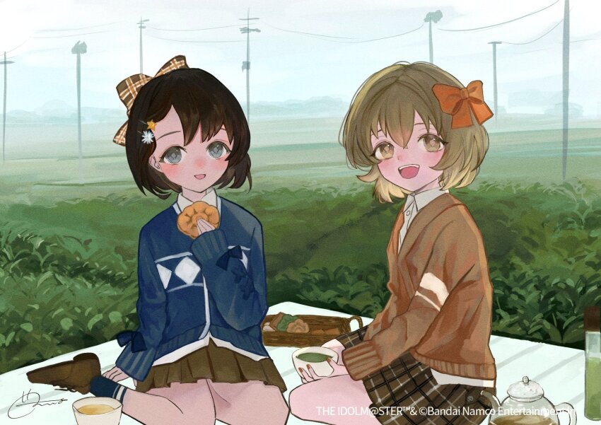 2girls black_hair brown_eyes brown_hair cardigan fragments_of_the_idolmaster_cinderella_girls grey_eyes highres idolmaster idolmaster_cinderella_girls koga_koharu looking_at_viewer metro_stars85 multiple_girls official_art open_mouth outdoors picnic power_lines real_world_location sasaki_chie short_hair sitting skirt smile tea utility_pole