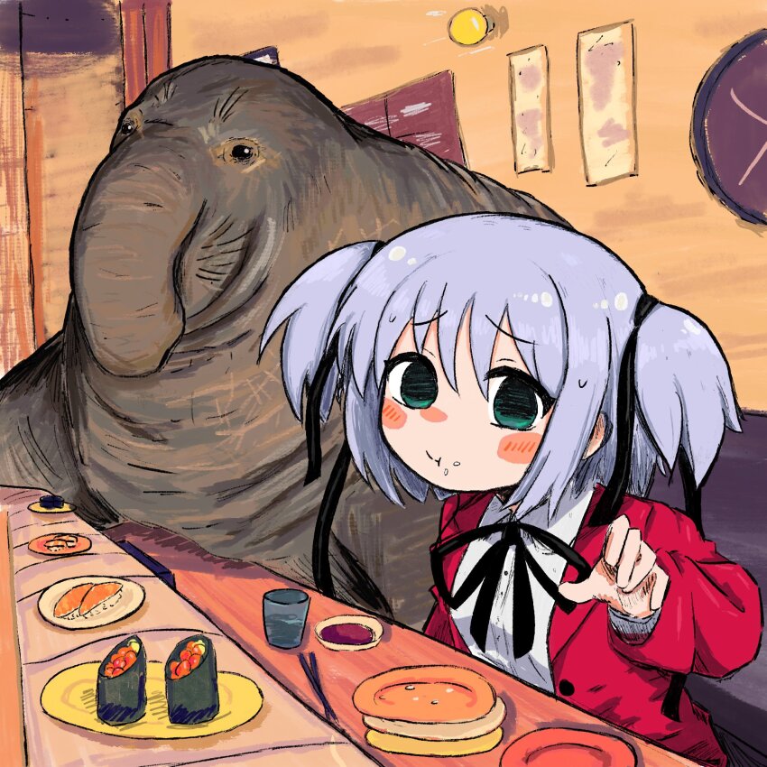 1girl black_ribbon blush bokusatsu_tenshi_dokuro-chan bubbacterial chopsticks clock conveyor_belt_sushi elephant_seal fish_(food) food food_on_face hair_ribbon highres ikura_(food) indoors jacket long_sleeves looking_at_viewer mitsukai_dokuro neck_ribbon nigirizushi pink_jacket ribbon rice rice_on_face salmon seal_(animal) shirt sitting sushi twintails white_shirt