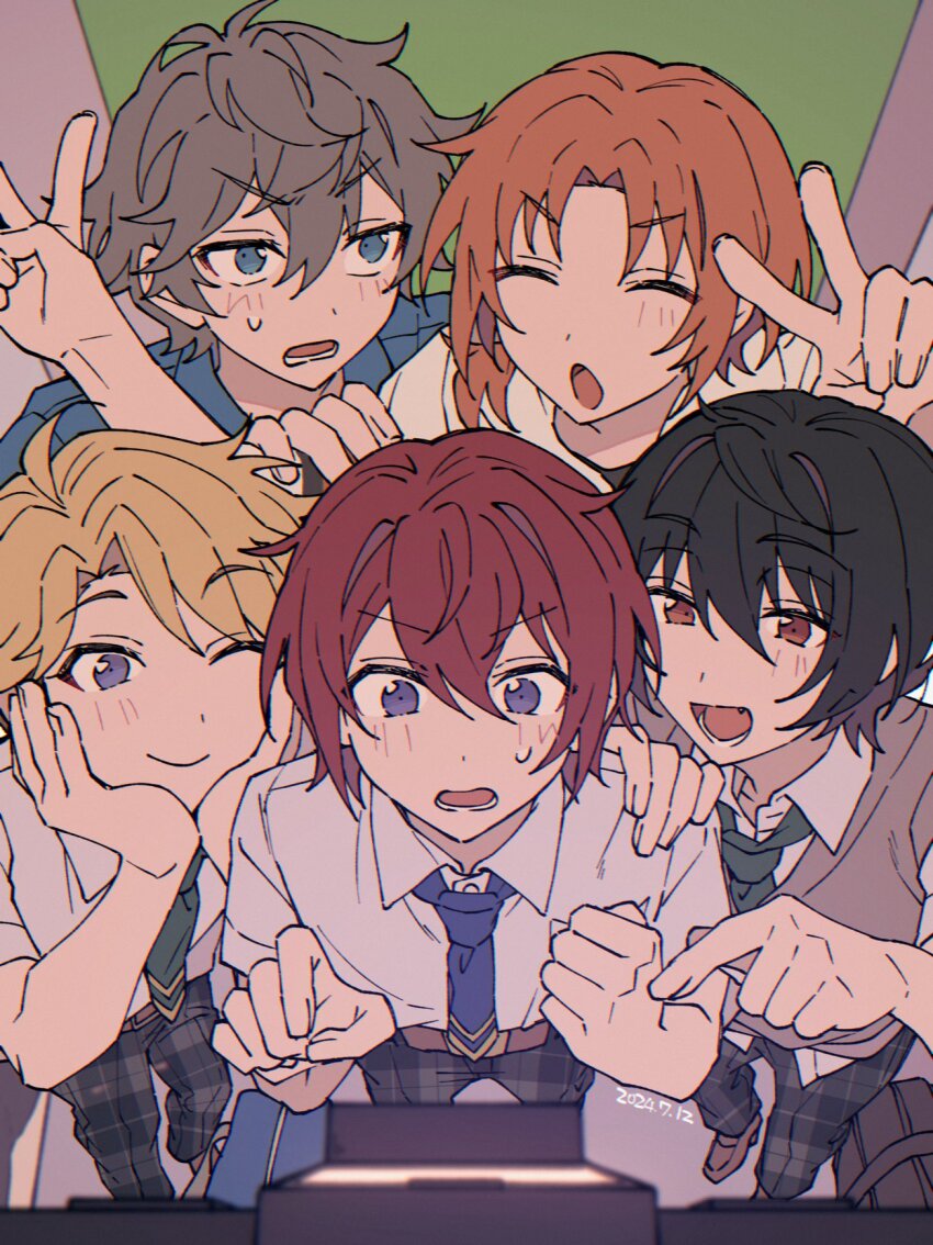 2024 5boys behind_another chromatic_aberration commentary dated day ensemble_stars! flat_color foreshortening from_above hand_on_another&#039;s_shoulder highres male_focus multiple_boys narukami_arashi neckerchief niyororinpayamaru no_jacket outdoors pointing sakuma_ritsu school_uniform sena_izumi_(ensemble_stars!) suou_tsukasa sweatdrop symbol-only_commentary tsukinaga_leo v yumenosaki_school_uniform