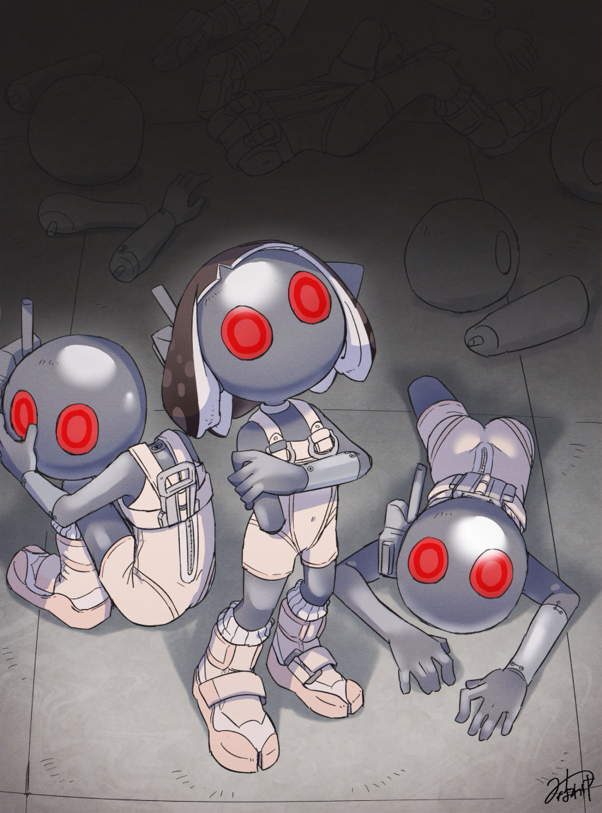 1girl 2others bodysuit boots brown_hair colored_skin commentary_request covered_navel crawling grey_skin highres jelleton lying mask minawake_(azuma-m) multiple_others nintendo on_stomach parallel_canon_(splatoon) red_eyes short_hair sleeveless sleeveless_bodysuit socks splatoon_(series) splatoon_3 splatoon_3:_side_order standing white_bodysuit white_footwear white_socks