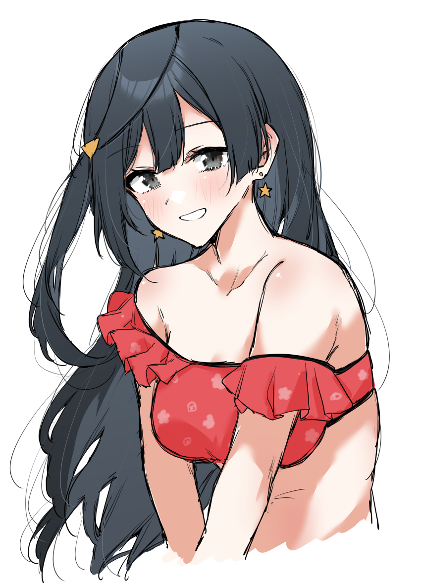1girl :d absurdres bare_shoulders bikini black_hair blush breasts cleavage collarbone commentary_request cropped_torso earrings frilled_bikini frills grey_eyes grey_jacket grin hair_ornament highres jacket jewelry long_hair looking_at_viewer love_live! love_live!_nijigasaki_high_school_idol_club medium_breasts off-shoulder_bikini off_shoulder official_alternate_costume one_side_up open_mouth red_bikini scanning simple_background smile solo star_(symbol) star_earrings swimsuit triangle_hair_ornament white_background yuki_setsuna