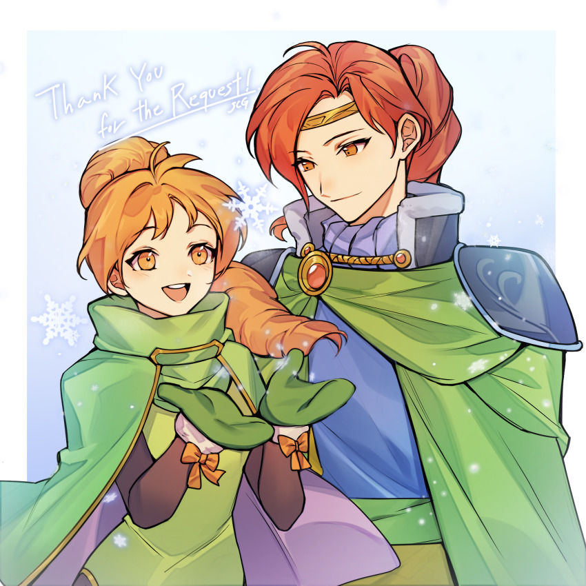 1boy 1girl brother_and_sister cape circlet commentary commission delthea_(fire_emblem) english_commentary fire_emblem fire_emblem_gaiden fur-trimmed_mittens fur_trim highres long_hair luthier_(fire_emblem) mittens nintendo orange_eyes orange_hair pixiv_commission ponytail red_hair siblings silvercandy_gum smile snowflakes snowing