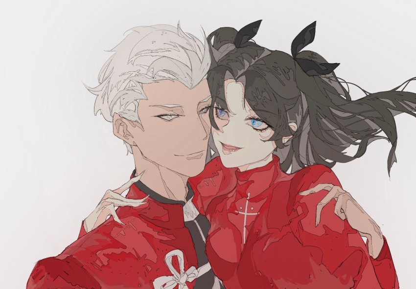 1boy 1girl archer_(fate) black_hair blue_eyes cropped_torso face-to-face fate_(series) grey_background highres hug long_hair red_shirt red_sweater shirt short_hair side-by-side sweater tohsaka_rin turtleneck turtleneck_sweater twintails white_shirt yinggu