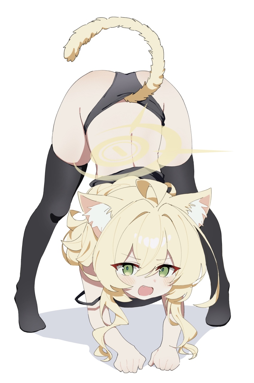 1girl absurdres ahoge alternate_costume animal_ear_fluff animal_ears ass bent_over black_panties black_pantyhose black_shirt black_thighhighs blonde_hair blue_archive blush cat_ears cat_girl cat_tail dot_nose fang feet green_eyes hair_between_eyes halo hands_on_floor highres kemonomimi_mode loli long_hair long_sidelocks meng_yin no_shoes open_mouth panties pantyhose professor_niyaniya_(blue_archive) shirt sidelocks simple_background solo strap_slip tail thighhighs thighs top-down_bottom-up underwear white_background yellow_halo
