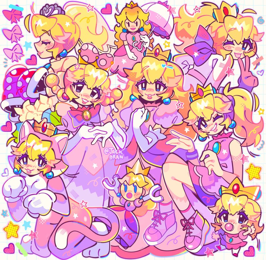 6+girls baby_peach biker_peach blonde_hair blue_eyes cat_peach crown earrings elbow_gloves full_body gem gloves hair_between_eyes heart highres jack0ran jewelry long_hair looking_at_viewer mario_(series) mario_golf mario_kart mario_kart_wii mario_tennis mario_tennis_aces mario_vs._donkey_kong_2:_march_of_the_minis multiple_girls new_super_mario_bros._u_deluxe nintendo one_eye_closed open_mouth paper_mario peachette pink_thighhighs piranha_plant ponytail princess_peach princess_peach_(wedding) ribbon short_sleeves smile super_crown super_mario_3d_world super_mario_odyssey super_paper_mario thighhighs umbrella v white_gloves