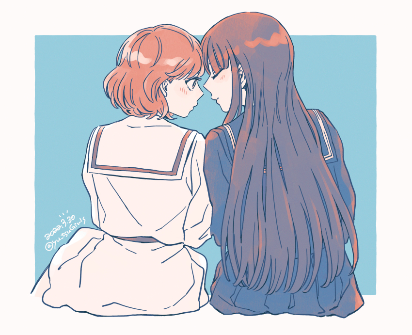 2girls blush closed_eyes dated enoki_sachi face-to-face highres long_hair multiple_girls nagatani_megumi okujou_no_yurirei-san pe88y_(yu_tsugirls) short_hair simple_background sitting smile twitter_username yuri