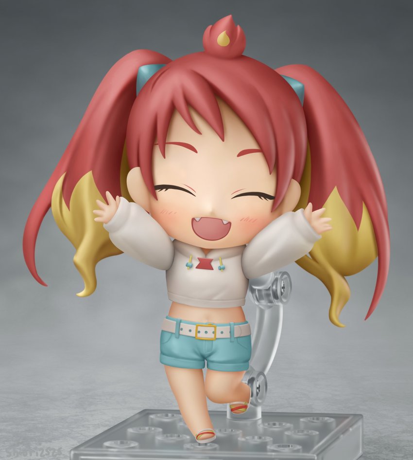 1girl :d ^_^ arms_up belt blonde_hair blue_shorts chibi closed_eyes denim denim_shorts drawstring fangs figure_stand grey_background hairband hands_up highres hikasa_tomoshika hood hoodie long_sleeves midriff multicolored_hair navel nendoroid open_mouth red_hair sandals shiori2525 shorts simple_background sleeves_past_wrists smile solo twintails two-tone_hair virtual_youtuber voms white_belt white_hoodie