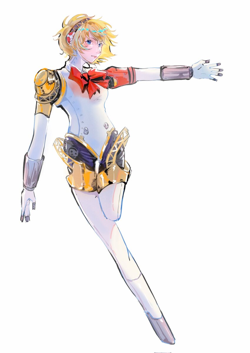 1girl 6y_76 aigis_(persona) blonde_hair bow bowtie hashtag-only_commentary headset highres joints looking_to_the_side mechanical_arms mechanical_legs persona persona_3 red_bow red_bowtie robot_girl robot_joints short_hair simple_background solo white_background
