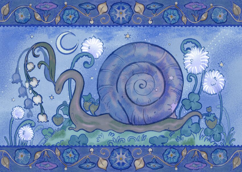 alt_text animal_focus blue_theme border clover crescent_moon dandelion flower food fruit grass highres moon night no_humans on_grass original ornate_border outdoors sethpuertoluna sky snail star_(sky) strawberry