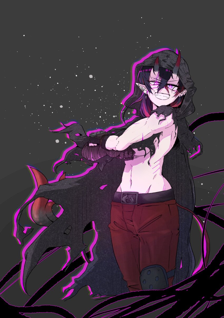 1girl alternate_costume bandeau bane_mk-2 belt black_bandeau black_belt black_gloves black_horns breasts cloak commentary_request cowboy_shot crossed_arms crossed_bangs demon_girl demon_horns demon_tail earrings fingerless_gloves gloves gradient_horns grey_background grey_cloak groin hair_between_eyes highres hood hooded_cloak horns jewelry long_bangs looking_at_viewer medium_breasts midriff multicolored_horns nanashi_inc. navel obliques open_mouth pants red_horns red_pants ryugasaki_rene short_hair smile solo tail underboob virtual_youtuber