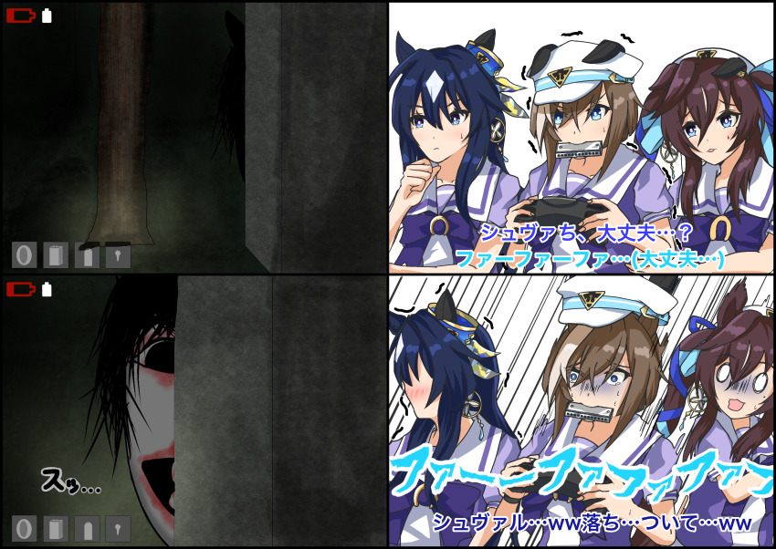 3girls animal_ears blue_eyes blue_hair brown_hair cheval_grand_(umamusume) deathforest_kyoufu_no_mori harmonica highres horse_ears horse_girl instrument long_hair maaaaaaaru multiple_girls playing_games school_uniform tracen_school_uniform twintails umamusume v_sisters verxina_(umamusume) vivlos_(umamusume)