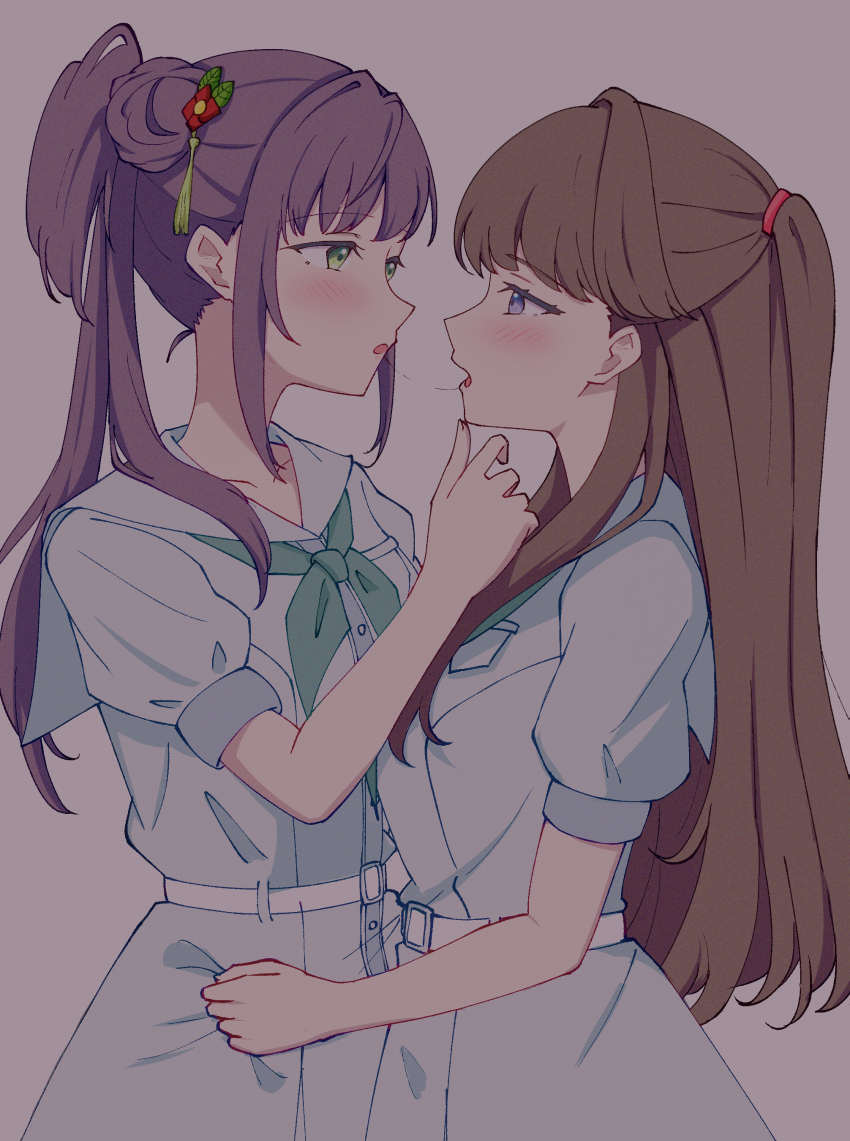 2girls absurdres after_kiss aqua_neckerchief blue_dress blush breast_pocket brown_background brown_hair clothes_grab commentary_request cowboy_shot dress dress_grab eye_contact flower fujishima_megumi green_eyes hair_bun hair_flower hair_ornament half-closed_eyes hand_on_another&#039;s_chin hasu_no_sora_school_uniform highres link!_like!_love_live! lone_nape_hair long_hair looking_at_another love_live! multiple_girls neckerchief open_mouth otomune_kozue pleated_dress pocket puffy_short_sleeves puffy_sleeves purple_eyes purple_hair reason3_s red_flower sailor_collar sailor_dress saliva saliva_trail school_uniform short_sleeves side_ponytail sidelocks single_side_bun summer_uniform tassel tassel_hair_ornament two_side_up virtual_youtuber white_sailor_collar yuri