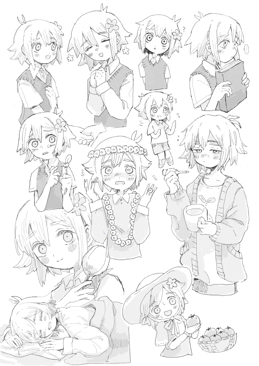 1boy absurdres alternate_costume alternate_sleeve_length antenna_hair basil_(faraway)_(omori) basil_(omori) basket blush book closed_eyes closed_mouth collared_shirt epipoxyp flower greyscale hair_flower hair_ornament hat head_wreath highres holding holding_book holding_flower long_sleeves looking_at_viewer lying male_focus monochrome omori on_stomach open_mouth parted_lips pillow shirt short_hair short_sleeves simple_background sleeping smile solo speech_bubble sun_hat tulip under_covers