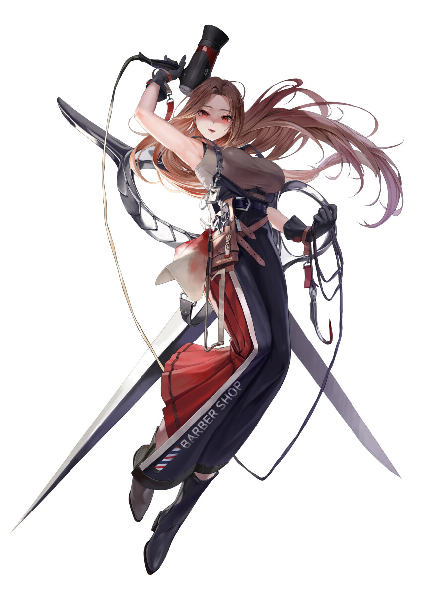 1girl absurdres ahoge arm_up armpits barber_pole belt black_gloves black_skirt blood blood_stain boots breasts brown_eyes brown_hair comb earrings forehead full_body gloves hair_dryer highres holding holding_hair_dryer hook id_card jewelry lanyard large_breasts licking_lips long_hair long_skirt original parted_lips red_skirt rope scissors simple_background skirt solo suspender_skirt suspenders tank_top tongue tongue_out white_background