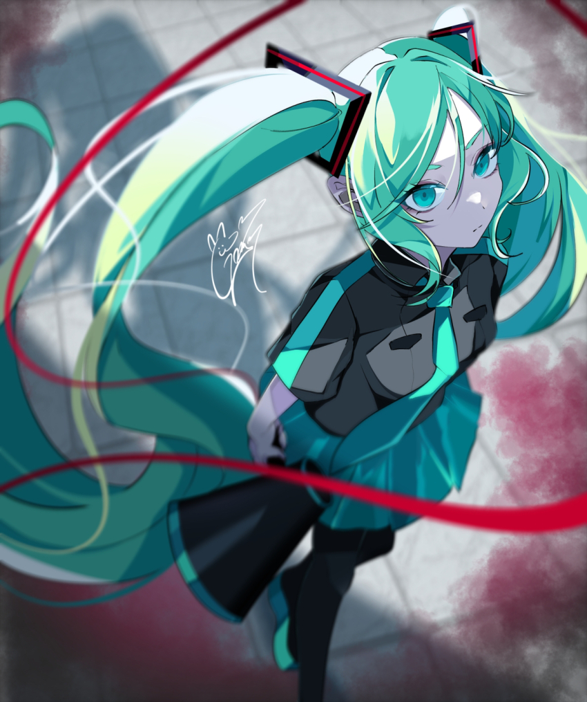 1girl aqua_eyes aqua_hair detached_sleeves gloves goma_irasuto green_hair hair_ornament hatsune_miku headphones highres holding holding_megaphone koi_wa_sensou_(vocaloid) long_hair megaphone necktie pleated_skirt shirt skirt solo thighhighs twintails very_long_hair vocaloid