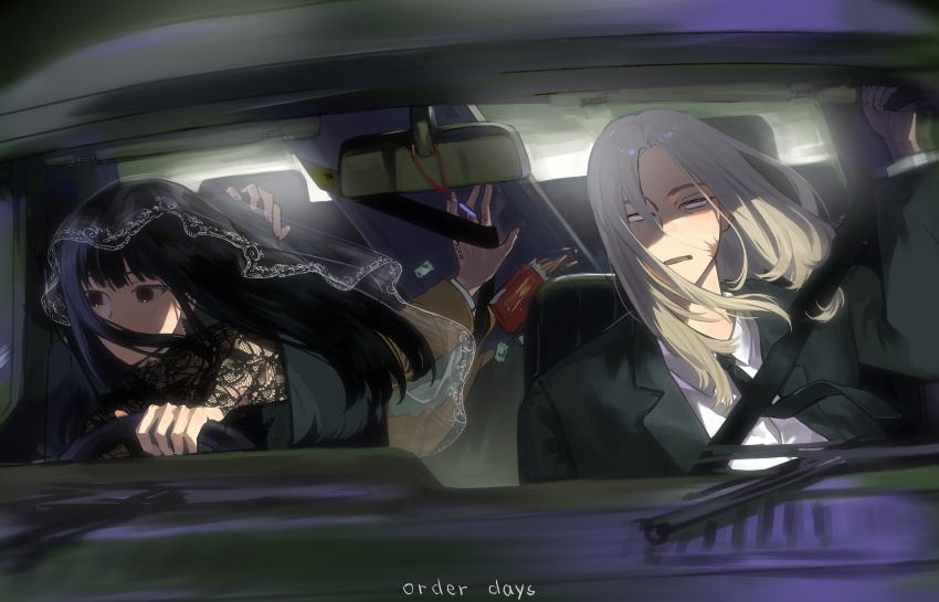 1girl 2boys 5a1_uei absurdres black_dress black_hair black_jacket black_necktie blonde_hair blurry blurry_foreground box brown_jacket car car_interior dark dress driving empty_eyes english_text facial_scar food french_fries from_front from_outside highres holding holding_steering_wheel indoors jacket lace_dress lace_sleeves long_hair looking_to_the_side motor_vehicle multiple_boys nagumo_(sakamoto_days) necktie open_mouth osaragi_(sakamoto_days) red_eyes sakamoto_days scar scar_on_cheek scar_on_face shirt shishiba_(sakamoto_days) sitting steering_wheel upper_body veil white_shirt white_veil