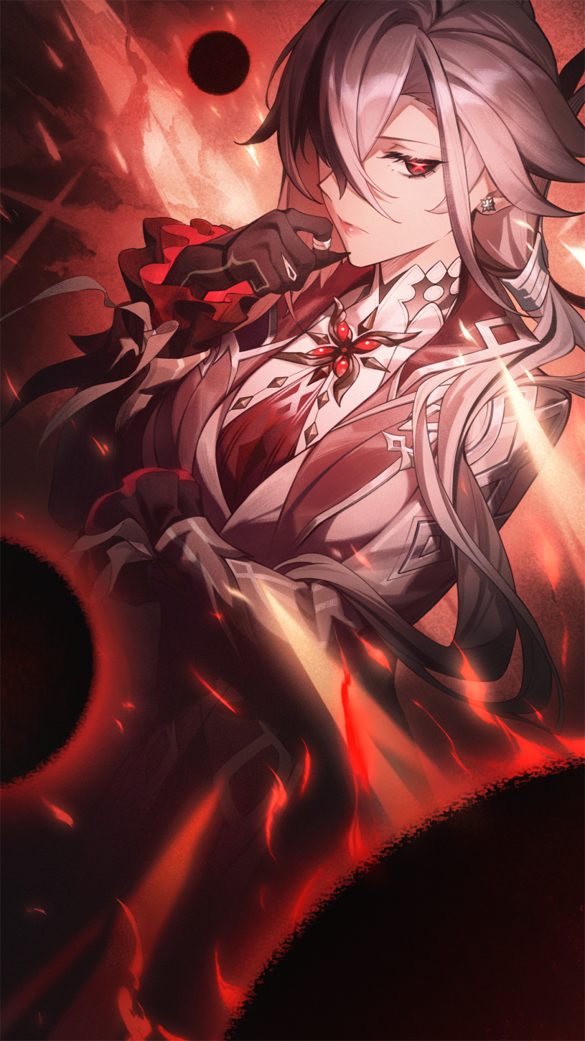 1girl arlecchino_(genshin_impact) arm_under_breasts black_eyes black_hair black_hands closed_mouth colored_extremities ear_piercing genshin_impact grey_hair grey_jacket hair_between_eyes hand_up highres jacket lips long_hair looking_at_viewer multicolored_hair piercing red-d red_pupils solo streaked_hair symbol-shaped_pupils upper_body x-shaped_pupils