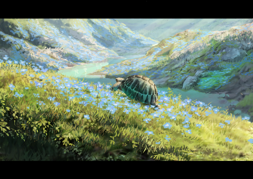 absurdres animal animal_focus blue_flower day flower grass highres nemophila_(flower) no_humans original outdoors scenery sumassha_t_t tortoise turtle