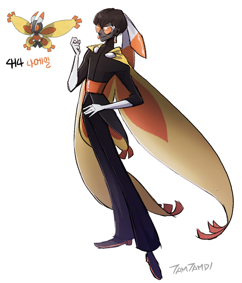 1girl black_footwear black_pants black_shirt black_skin cape colored_skin creature_and_personification earrings full_body game_freak gen_4_pokemon gloves highres jewelry looking_at_viewer mothim nintendo orange-tinted_eyewear pants personification pokemon pokemon_(creature) reference_inset shirt signature simple_background smile tamtamdi tinted_eyewear translated white_background white_gloves yellow_cape