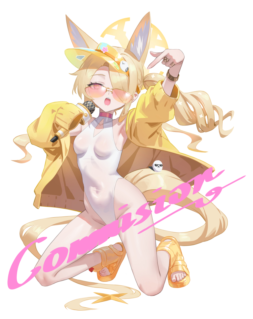 1girl absurdres animal_ear_fluff animal_ears arm_up armpits bird bird_on_tail blonde_hair blue_archive bracelet breasts clothing_cutout collarbone commission covered_navel cross_halo diamond_cutout extra_ears feet fingernails fox_ears fox_girl fox_tail full_body hair_over_one_eye hair_over_shoulder half-closed_eyes halo hand_up highleg highleg_one-piece_swimsuit highres holding holding_microphone index_finger_raised jacket jewelry kneeling loli long_hair long_sleeves looking_at_viewer microphone off_shoulder official_alternate_costume official_alternate_hairstyle one-piece_swimsuit one_eye_covered open_mouth orange-tinted_eyewear orange_eyes pointing pointing_down ring sandals seia_(blue_archive) seia_(swimsuit)_(blue_archive) shortofsugar side_ponytail sidelocks simple_background sleeves_past_fingers sleeves_past_wrists small_breasts solo star_ornament sunglasses swimsuit tail tail_ornament teeth thighs tinted_eyewear tit_(bird) toenails toes upper_teeth_only very_long_hair very_long_tail visor_cap white_background white_one-piece_swimsuit yellow_halo yellow_jacket yellow_sandals yellow_visor