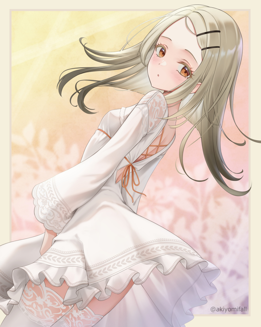 1girl :o akiei alternate_costume blonde_hair blush border breasts cross-laced_clothes cross-laced_dress dress dutch_angle flipped_hair gakuen_idolmaster gradient_hair grey_hair highres idolmaster long_hair long_sleeves looking_at_viewer looking_to_the_side multicolored_hair shinosawa_hiro small_breasts solo thighhighs twitter_username very_long_hair white_border white_dress white_thighhighs