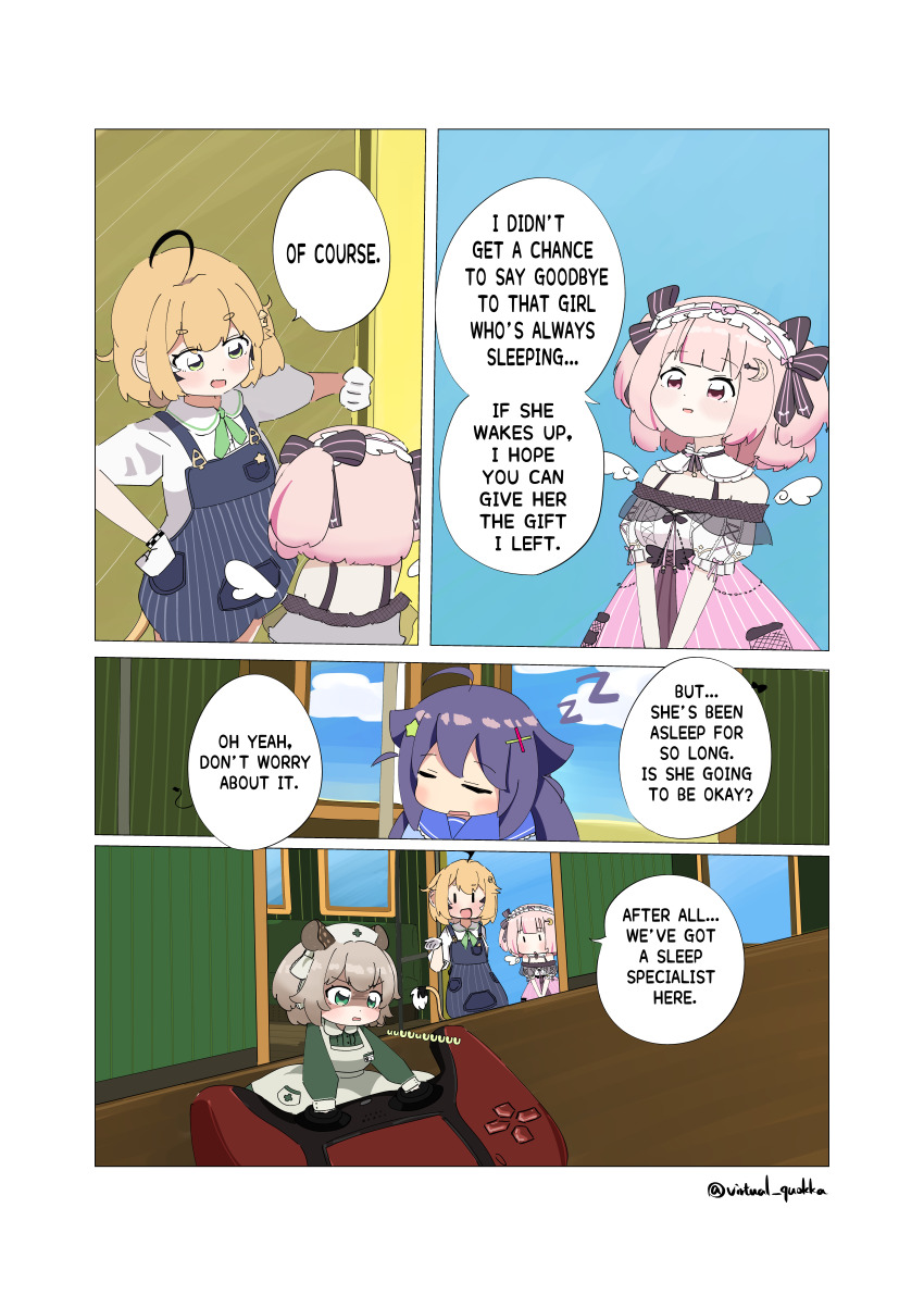 3girls :d absurdres ahoge animal_ears black_bow blonde_hair blue_hair blush_stickers bow commentary controller crescent crescent_hair_ornament detached_collar detached_wings dooby_(vtuber) dress game_controller gloves green_dress green_eyes green_ribbon hair_bow hair_ornament hat highres indie_virtual_youtuber lemonleaf maid_headdress mini_person minigirl multiple_girls neck_ribbon nimi_nightmare nurse_cap open_mouth pink_eyes ribbon senzawa short_hair sleeping smile speech_bubble tapir_ears tapir_girl two_side_up virtual_quokka virtual_youtuber white_gloves wings zzz
