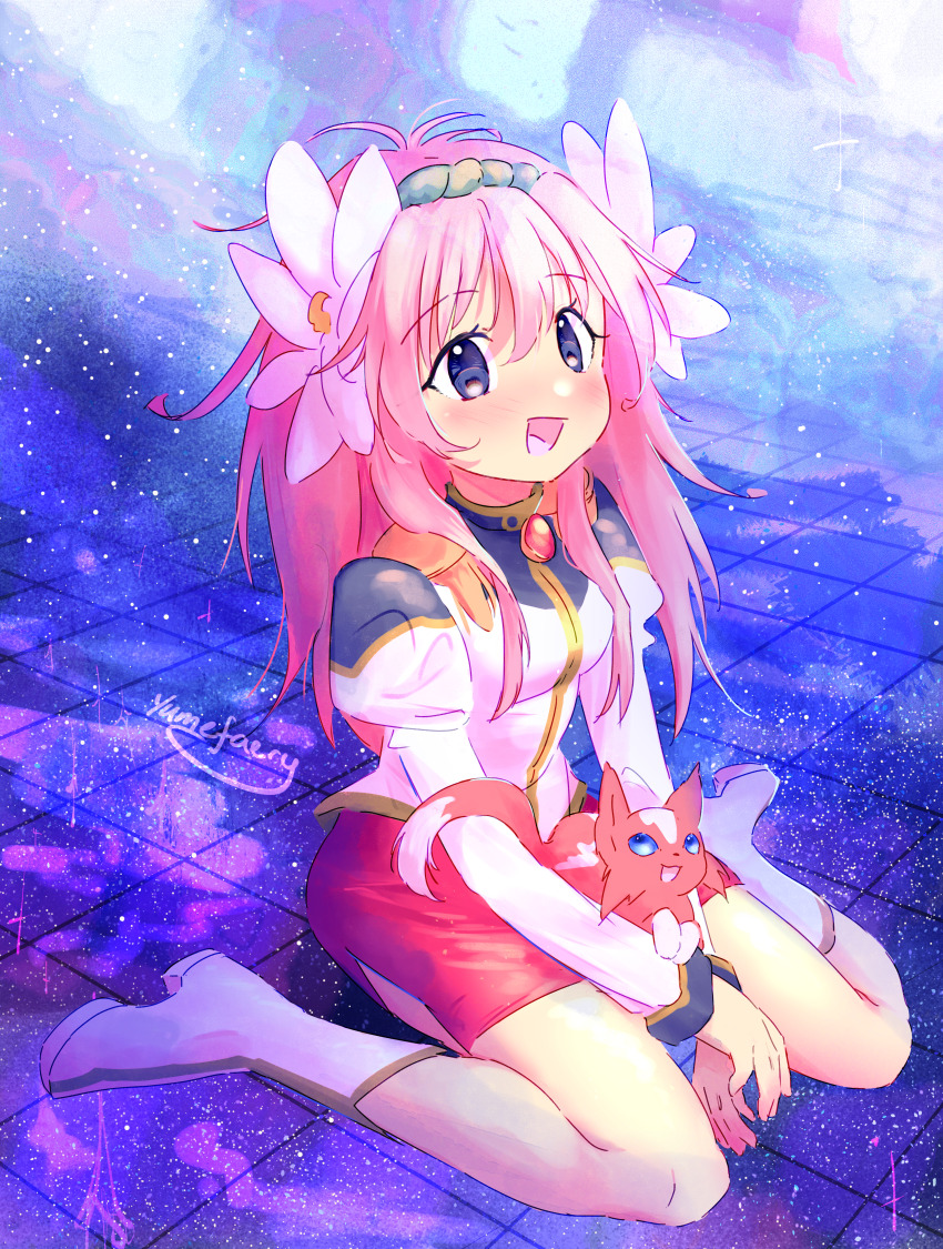 1girl absurdres artist_name blue_eyes blush boots breasts flower full_body galaxy_angel hair_flower hair_ornament hairband highres long_hair milfeulle_sakuraba military_uniform monocle monocle_chain on_floor open_mouth pencil_skirt pink_hair red_skirt sitting skirt small_breasts solo white_boots yumefaery