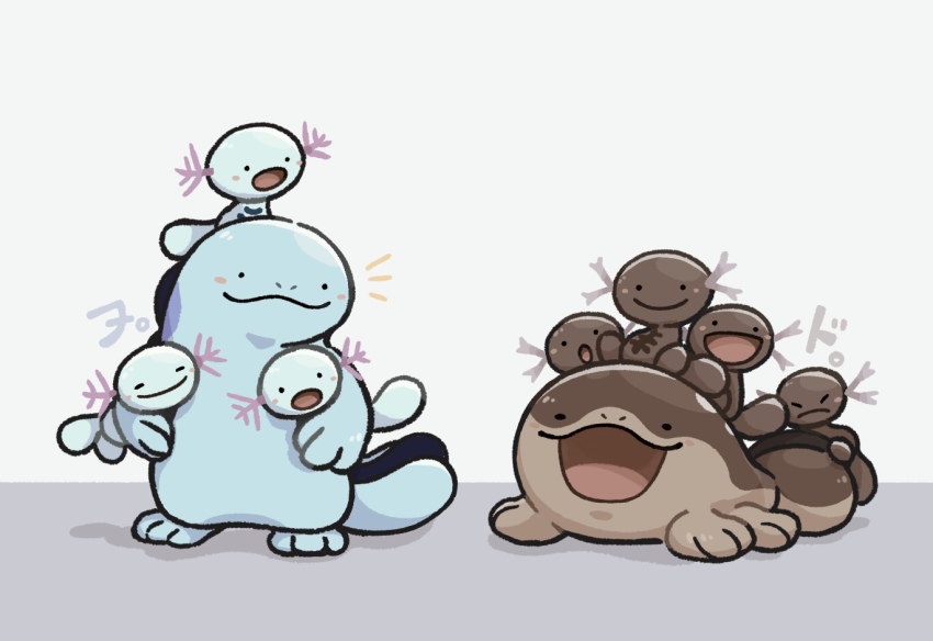 ._. :3 blue_skin clodsire colored_skin evolutionary_line gen_2_pokemon holding holding_pokemon looking_at_another mochi_(swallow-luff) nintendo no_humans on_head open_mouth paldean_wooper pokemon pokemon_(creature) pokemon_on_head quagsire smile tail wooper