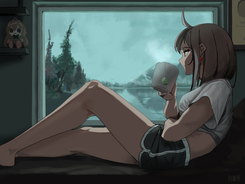 1girl absurdres ahoge black_hair black_shorts breasts brown_hair censored closed_mouth clothes_lift cloud cloudy_sky commentary cup earrings english_commentary expressionless hand_up highres hololive hololive_english jewelry lake medium_breasts medium_hair mosaic_censoring mug multicolored_hair namikakeo nanashi_mumei reclining shelf shirt shirt_lift short_shorts short_sleeves shorts sitting sky solo steam streaked_hair virtual_youtuber white_hair white_shirt window