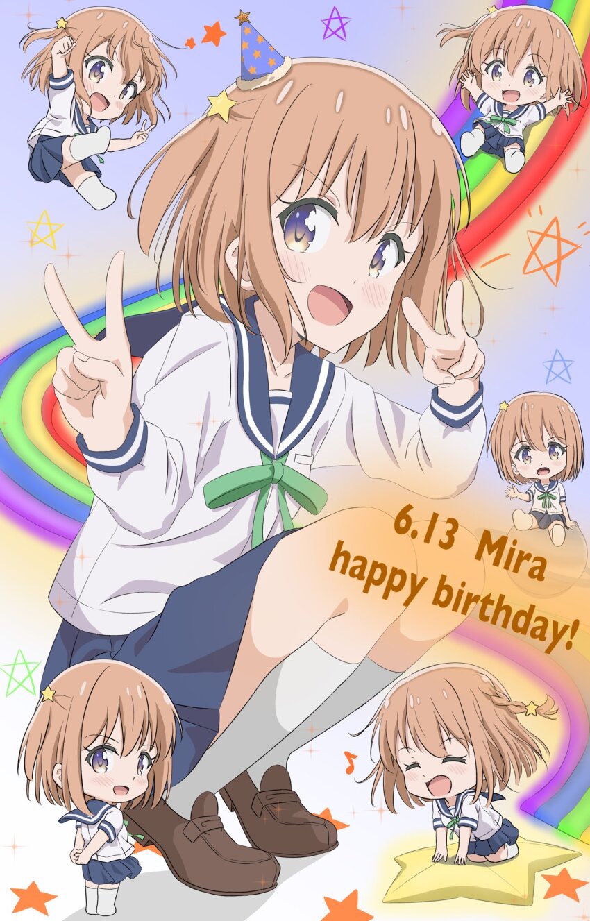 ! 1girl arms_behind_back birthday blue_sailor_collar blue_skirt blush character_name chibi closed_eyes collarbone dated dot_nose double_v english_text female_focus full_body hair_between_eyes hair_ornament happy happy_birthday hat highres koisuru_asteroid konohata_mira long_sleeves looking_at_viewer multicolored_eyes musical_note no_shoes open_mouth orange_hair party_hat qb_(qb46311027) rainbow sailor_collar school_uniform serafuku shirt shoes short_hair short_sleeves sitting skirt socks solo squatting star_(symbol) star_hair_ornament v white_shirt