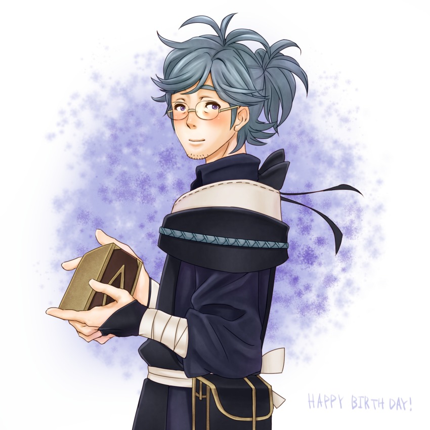 ! 1boy ahoge bandages beard blue_hair blush facial_hair fire_emblem fire_emblem_fates glasses happy_birthday highres karinosuke male_focus nintendo ponytail purple_eyes simple_background solo white_background yukimura_(fire_emblem)