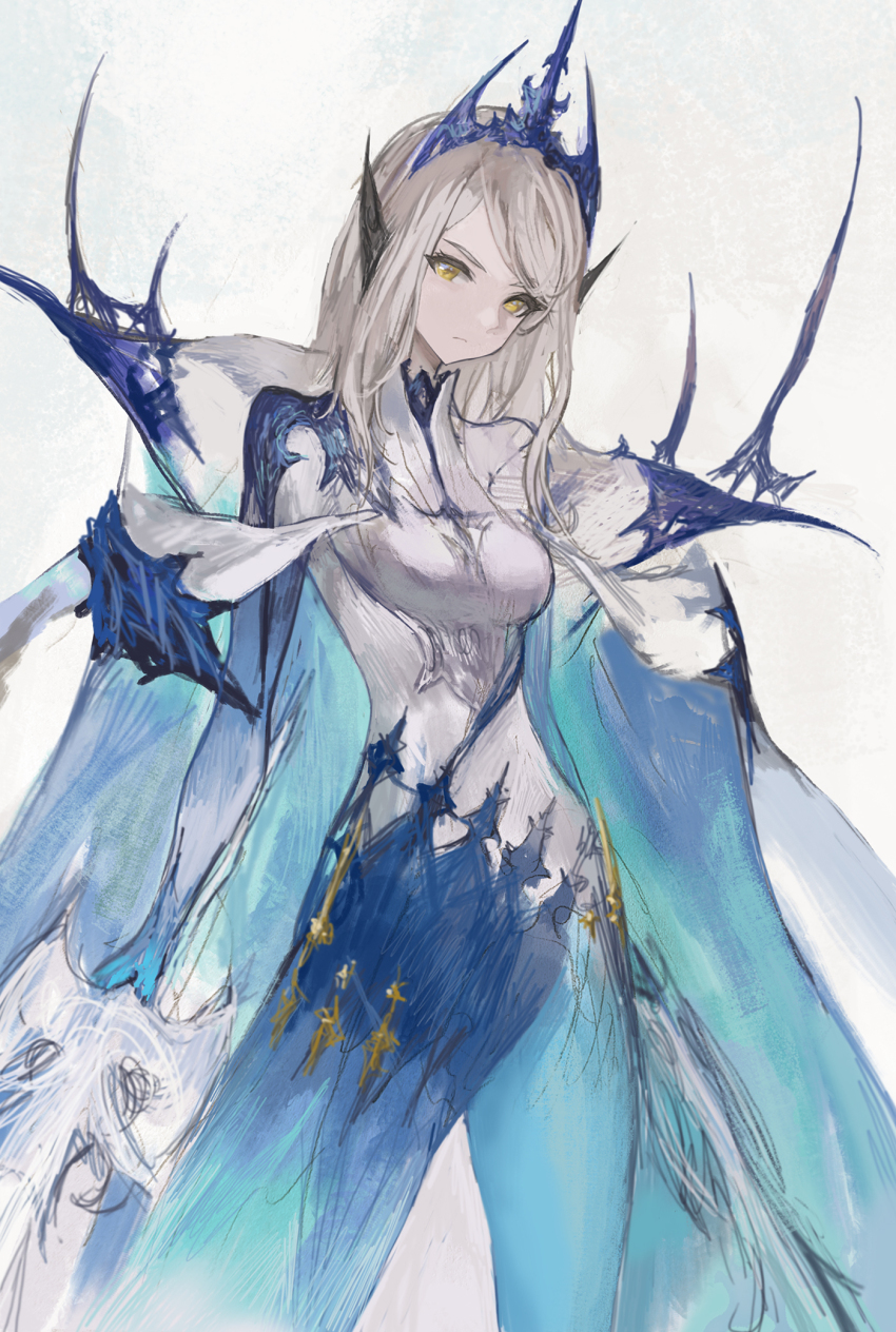 1girl breasts cape final_fantasy final_fantasy_xvi frown grey_hair highres jill_warrick junjiuk looking_down pale_skin shiva_(final_fantasy) simple_background solo standing sword tiara weapon yellow_eyes