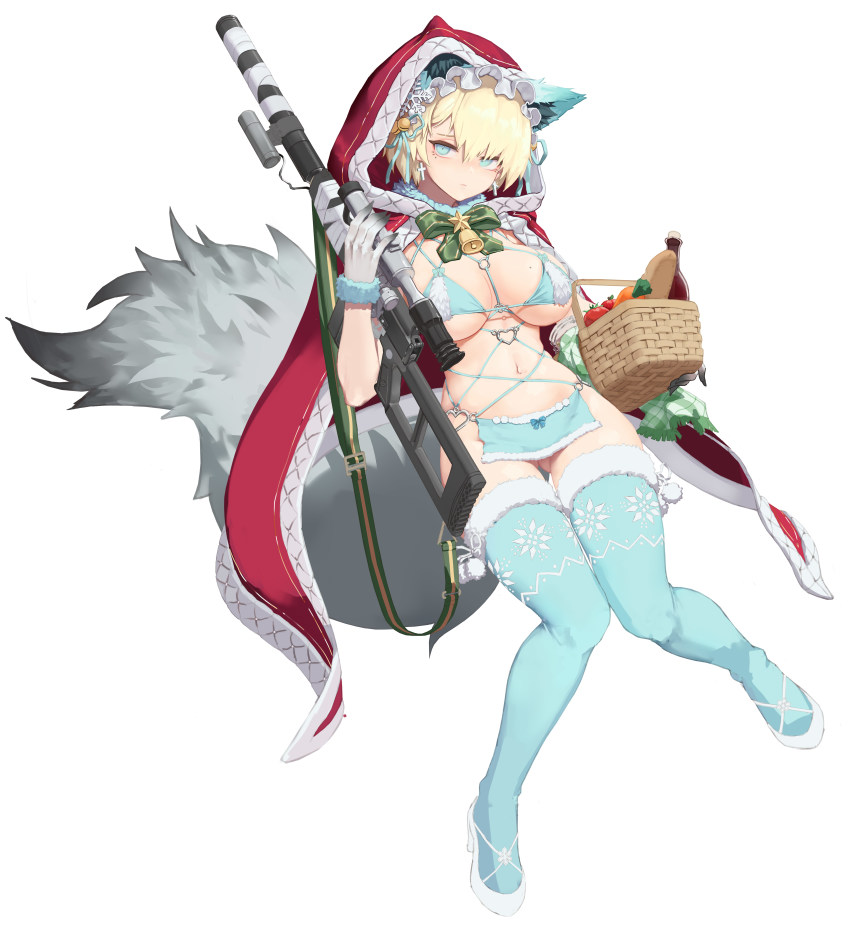 1girl absurdres animal_ears animal_hood aqua_eyes basket bell blonde_hair breasts closed_mouth cross cross_earrings earrings full_body fur_trim girls&#039;_frontline gloves gluteal_fold greentree gun heart heart_o-ring high_heels highres hood hoodie jewelry knees_together_feet_apart large_breasts mole mole_on_breast mole_under_eye navel o-ring official_alternate_costume over_shoulder revealing_clothes rifle short_hair simple_background sniper_rifle solo tail thighhighs vsk-94_(christmas_eve_detective)_(girls&#039;_frontline) vsk-94_(girls&#039;_frontline) weapon weapon_over_shoulder white_background