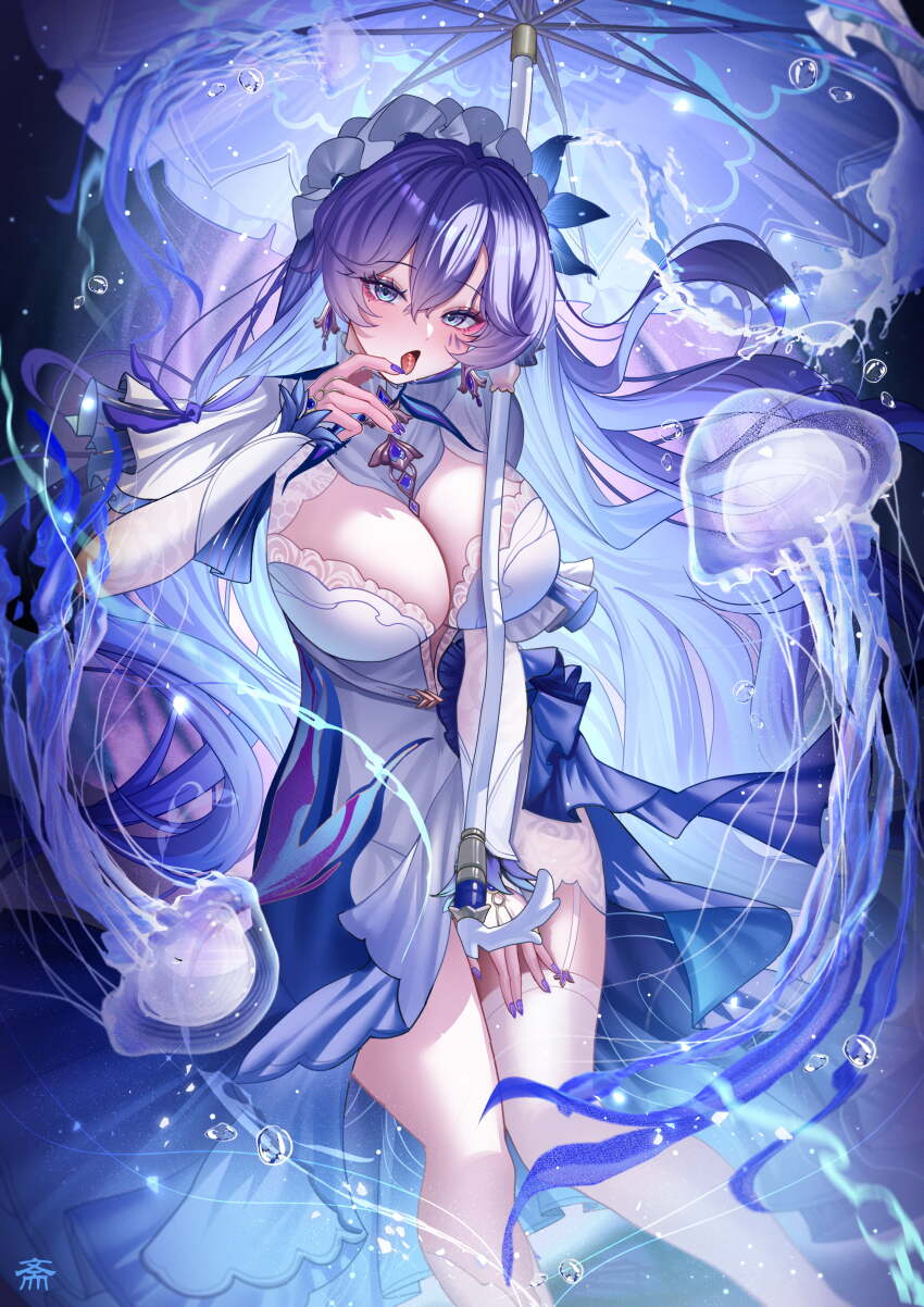 1girl :o absurdres blue_eyes blue_flower blue_hair blush breasts bubble cantarella_(wuthering_waves) dress duplicate earrings facial_mark feet_out_of_frame fingernails flower hair_between_eyes hair_flower hair_ornament hair_spread_out hand_up headdress highres holding holding_umbrella jellyfish jewelry large_breasts long_hair long_sleeves looking_at_viewer mark_under_eye mole mole_under_eye nail_polish open_mouth parasol pixel-perfect_duplicate purple_hair purple_nails purple_umbrella shrug_(clothing) single_thighhigh solo tacet_mark_(wuthering_waves) tansuan_(ensj3875) thighhighs thighs tongue tongue_out umbrella very_long_hair water white_dress white_shrug white_thighhighs wuthering_waves