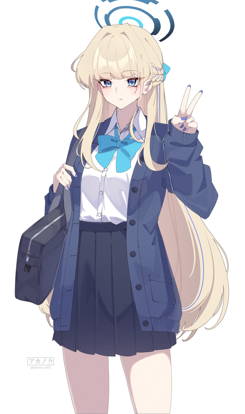 1girl absurdres akanora artist_name bag black_bag black_skirt blonde_hair blue_archive blue_bow blue_bowtie blue_cardigan blue_eyes blue_hair blue_halo blue_ribbon bow bowtie braid cardigan closed_mouth collared_shirt cropped_legs hair_ribbon half_up_braid halo highres long_hair long_sleeves looking_at_viewer multicolored_hair open_cardigan open_clothes pleated_skirt ribbon school_bag school_uniform shirt simple_background single_sleeve_past_wrist skirt solo streaked_hair toki_(blue_archive) toki_(school_uniform)_(blue_archive) twitter_username v very_long_hair white_background white_shirt