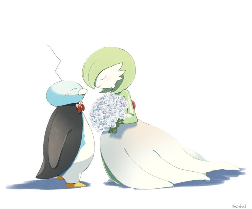 bob_cut bow bowtie closed_eyes colored_skin dress eiscue eiscue_(noice) flower from_side gardevoir gen_3_pokemon gen_8_pokemon green_hair green_skin holding holding_flower multicolored_skin nintendo pokemon pokemon_(creature) red_bow red_bowtie simple_background smile two-tone_skin uin6uad white_background white_dress white_flower white_skin