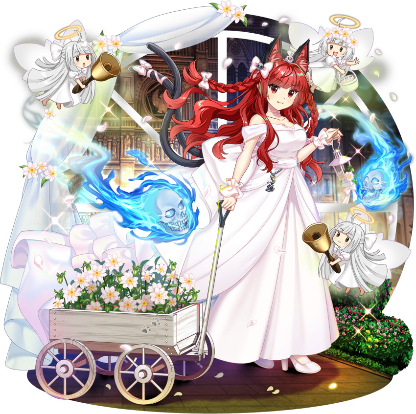 4girls alternate_costume animal_ear_fluff animal_ears bell bow braid breasts cart cat_ears cat_tail cleavage closed_mouth collarbone dress extra_ears fairy fairy_wings falling_petals fang fang_out flaming_skull floating_skull flower flower_request game_cg hair_bow hair_flower hair_ornament halo handbell high_heels highres holding holding_bell kaenbyou_rin leaf long_hair looking_at_viewer multiple_girls multiple_tails nekomata off-shoulder_dress off_shoulder official_art open_mouth petals pink_bow pink_petals red_eyes red_flower red_hair rotte_(1109) shoes smile sparkle tail tail_bow tail_ornament third-party_source touhou touhou_lostword transparent_background twin_braids two_tails very_long_hair wedding_dress white_dress white_flower white_shoes wings wrist_cuffs yellow_flower zombie_fairy_(touhou)