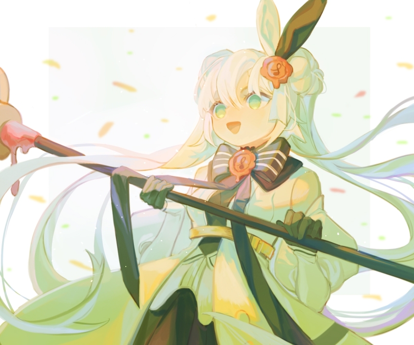 1girl black_bow black_bowtie black_gloves bow bowtie breasts chinese_commentary commentary_request detached_sleeves double_bun eleanor_forte feldspar gloves green_eyes hair_between_eyes hair_bun holding holding_scepter light_particles long_hair open_mouth scepter small_breasts smile solo synthesizer_v upper_body wax_seal wax_seal_hair_ornament white_hair white_sleeves