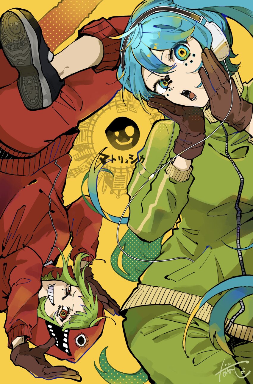 absurdres artist_request brown_gloves gloves green_hair gumi hatsune_miku headphones highres hood hoodie matryoshka_(vocaloid) red_hoodie upside-down vocaloid yellow_background