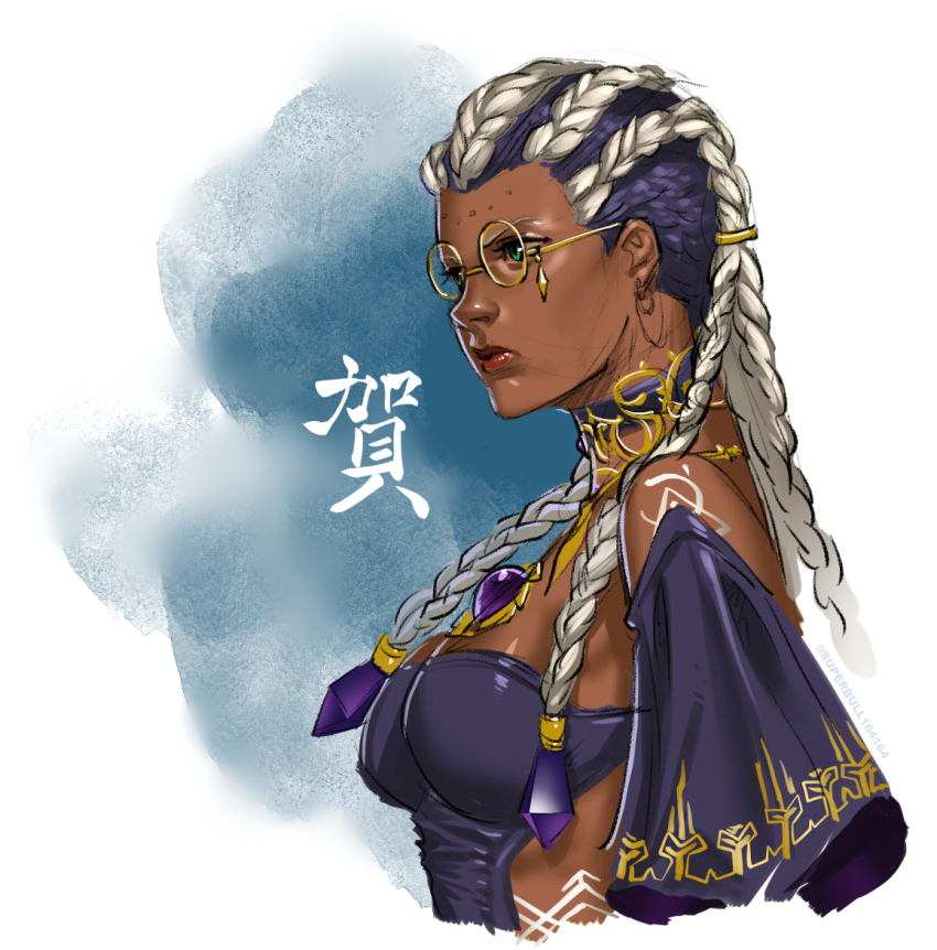 1girl bodypaint braid braided_ponytail breasts curvy dark-skinned_female dark_skin dolores_(kof) dress female_focus glasses gold green_eyes huge_breasts japanese_text jewelry large_breasts long_hair multicolored_hair purple_hair round_eyewear superbull superbull164164 the_king_of_fighters two-tone_hair white_hair