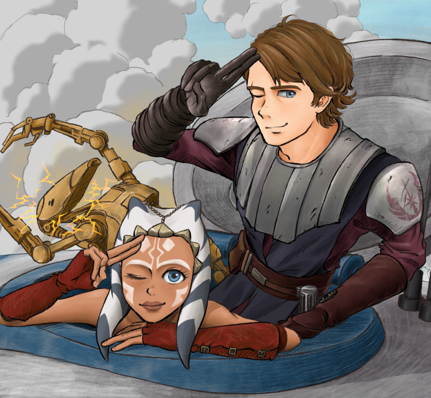 1girl ahsoka_tano anakin_skywalker b1_battle_droid belt brown_hair droid energy_sword fingerless_gloves gloves jedi lekku_(anatomy) lightsaber miko_(27044850) military_vehicle motor_vehicle one_eye_closed red_gloves salute scar scar_across_eye scar_on_face smile star_wars star_wars:_the_clone_wars sword tank togruta weapon