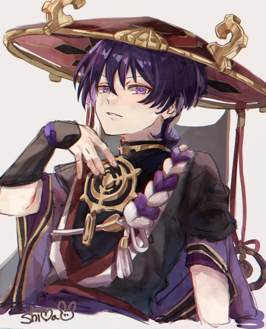 1boy absurdres arm_armor armor belt bishounen blunt_ends eyeliner eyeshadow genshin_impact hat highres japanese_armor japanese_clothes jingasa looking_at_viewer makeup male_focus mandarin_collar purple_belt purple_eyes purple_hair red_eyeliner red_eyeshadow scaramouche_(genshin_impact) shima_usagi solo