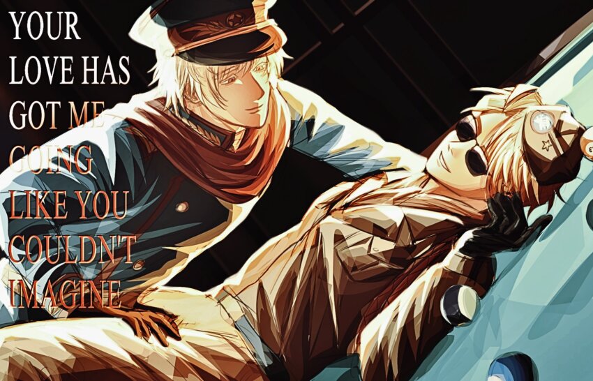 2boys ahoge america_(hetalia) axis_powers_hetalia ball belt billiard_ball black_background black_belt black_gloves blonde_hair blue_hat blue_jacket breast_pocket brown_hat brown_jacket brown_pants buttons closed_mouth english_text gloves hair_between_eyes hand_on_another&#039;s_thigh hat hat_ornament highres jacket khloxxy lapels long_sleeves looking_at_another lying male_focus military_hat military_jacket military_uniform multiple_boys on_back pants pocket pool_table purple_eyes red_scarf russia_(hetalia) scarf short_hair simple_background smile star_(symbol) star_hat_ornament sunglasses table teeth white_hair yaoi